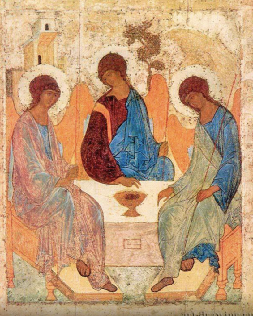 Andrei Rublev, Trinity, c. 1411–1425. Tempera on panel, 142 × 114 cm. 