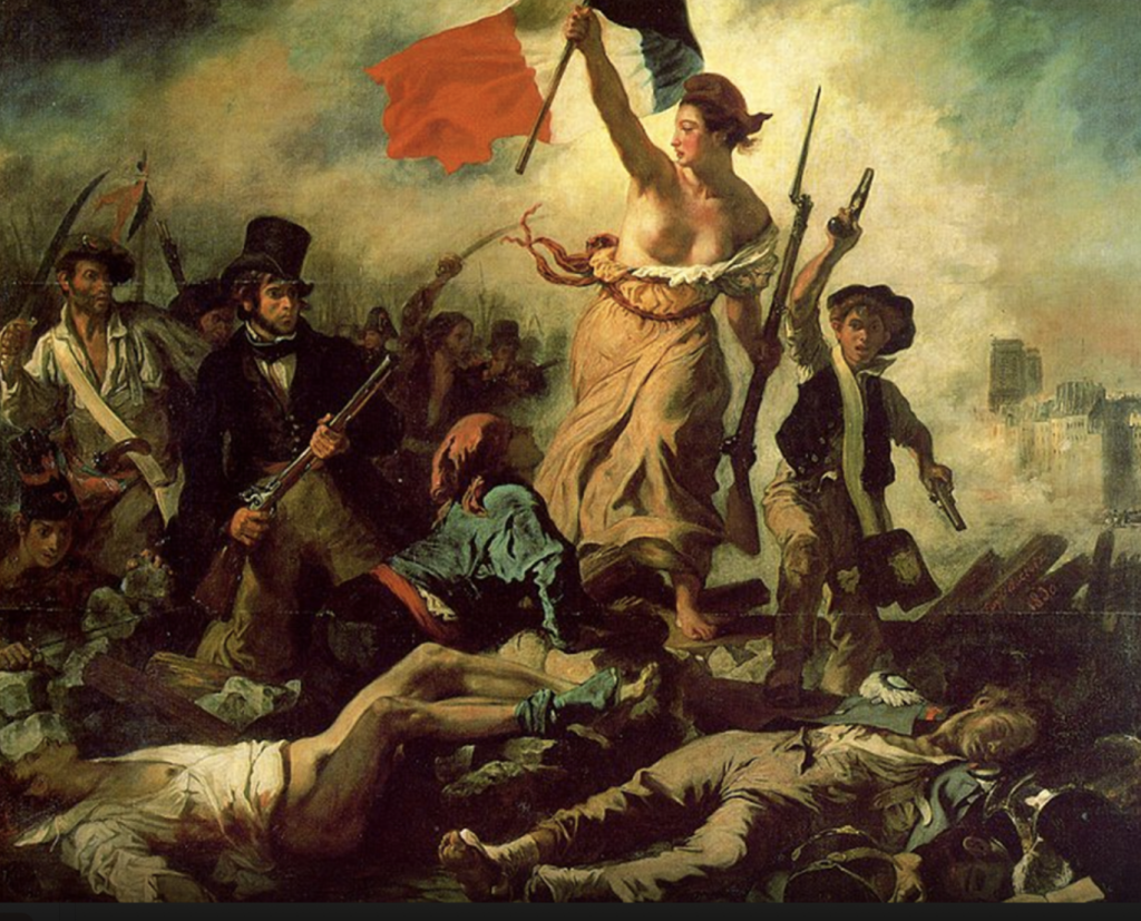 Eugène Delacroix, Liberty Leading the People, 1830. Oil on canvas, 260 × 325 cm, Musée du Louvre, Paris. The painting was purchased by the French state in 1831, temporarily withdrawn for being "too inflammatory," and eventually installed as the defining image of Republican France.